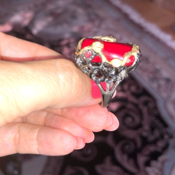 Unique Natural Red Coral Ring with Amethyst
